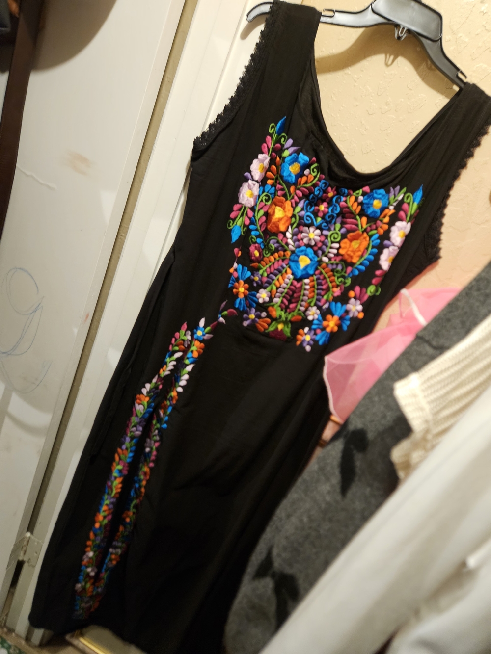MEXICANA Black Maxi Dress with Multicolor Floral Embroidery